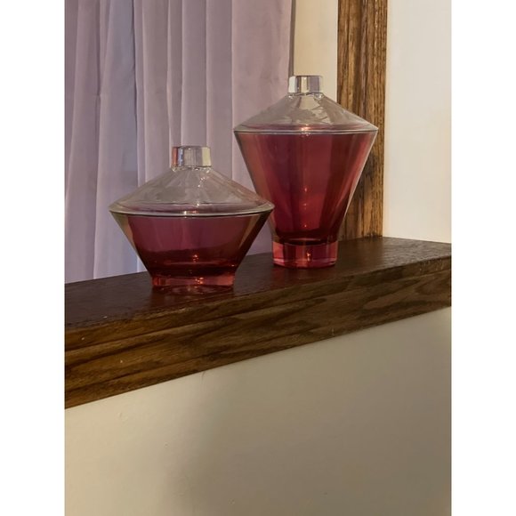 Rare 2 Hazel Atlas Glass Moroccan Ruby red Swirl Candy Dish w/Lid Mid Century - Picture 6 of 8